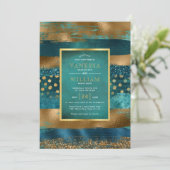 Invitation Mariage turquoise et bracelets or et confetti (Debout devant)