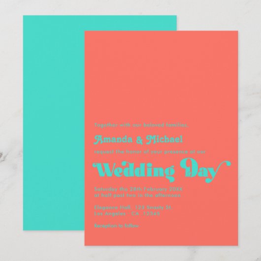 Invitation Mariage Turquoise et Corail (Devant / Derrière)