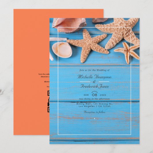 Invitation Mariage Turquoise et Corail Plage QR Code RSVP (Devant / Derrière)