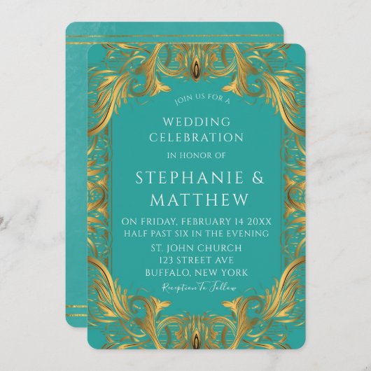 Invitation Mariage Turquoise et Or (Devant / Derrière)