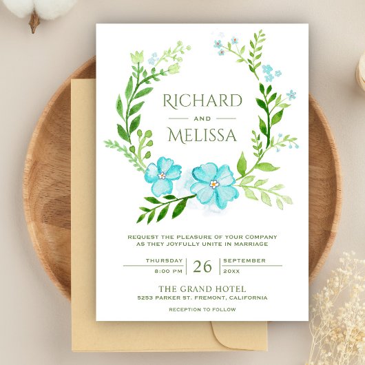 Invitation Mariage turquoise et vert de la couronne végétale