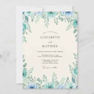 Invitation Mariage Turquoise Feuillage Eucalyptus Poussiéreux