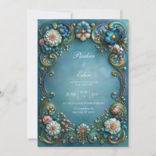 Invitation Mariage Turquoise Fleur Filigrane