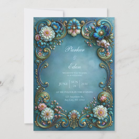 Invitation Mariage Turquoise Fleur Filigrane (Devant)