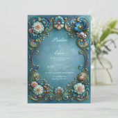 Invitation Mariage Turquoise Fleur Filigrane (Debout devant)