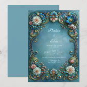 Invitation Mariage Turquoise Fleur Filigrane (Devant / Derrière)