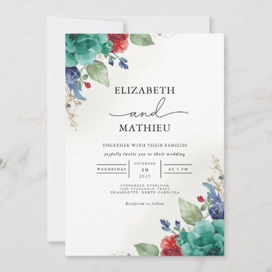 Invitation Mariage turquoise Floral Botanique (Devant)