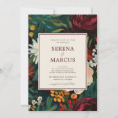 Invitation Mariage Turquoise floral peint bleu foncé bordeaux (Devant)