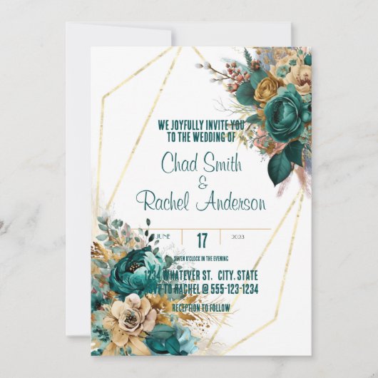 Invitation Mariage turquoise & Gold personnalisé (Devant)