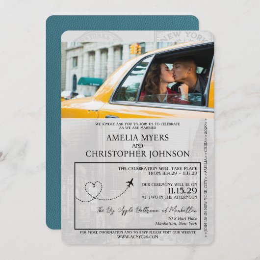 Invitation Mariage turquoise New York City Passport (Devant / Derrière)