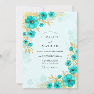 Invitation Mariage Turquoise Or Lustré Côté Mer