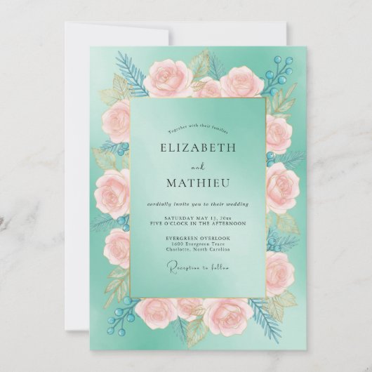 Invitation Mariage Turquoise Pétales de Pêche (Devant)