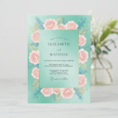 Invitation Mariage Turquoise Pétales de Pêche (Debout devant)