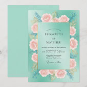 Invitation Mariage Turquoise Pétales de Pêche (Devant / Derrière)