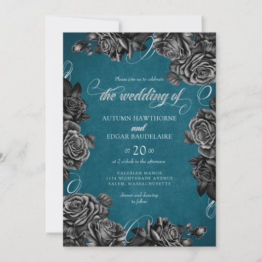 Invitation Mariage turquoise Rose noir (Devant)