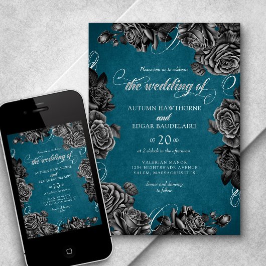 Invitation Mariage turquoise Rose noir