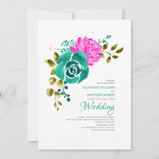 Invitation Mariage turquoise rose pâle (Devant)
