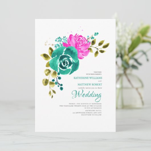 Invitation Mariage turquoise rose pâle (Debout devant)