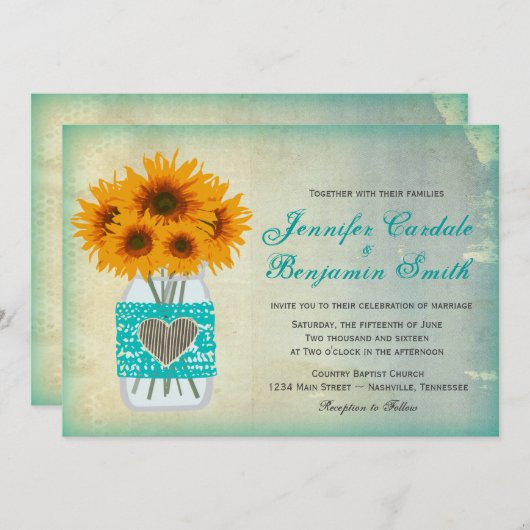 Invitation Mariage Turquoise rustique Mason Jar Sunflower Inv (Devant / Derrière)