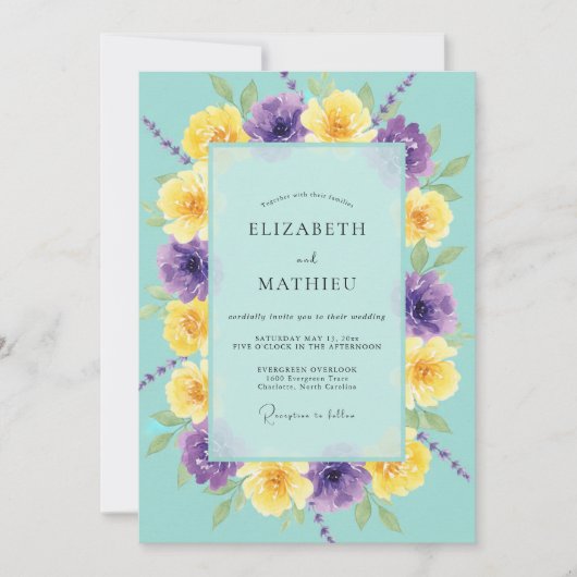Invitation Mariage Turquoise Violet Ranunculus Eucalyptus (Devant)