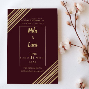 Invitation Mariage typo géométrique bordeaux or