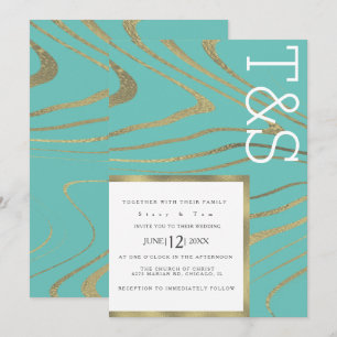 Invitation Mariage Typographie Agate Or Liquide Marbre