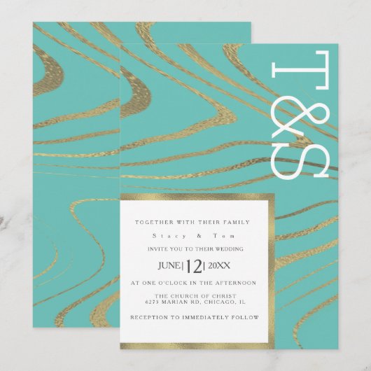 Invitation Mariage Typographie Agate Or Liquide Marbre (Devant / Derrière)