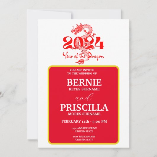 Invitation Mariage Typographie Blanche Et Année Du Dragon (Devant)
