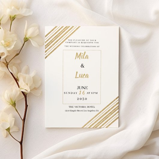 Invitation Mariage typographie blanche et or géométrique