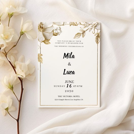 Invitation Mariage typographie fleurs or blanc élégant