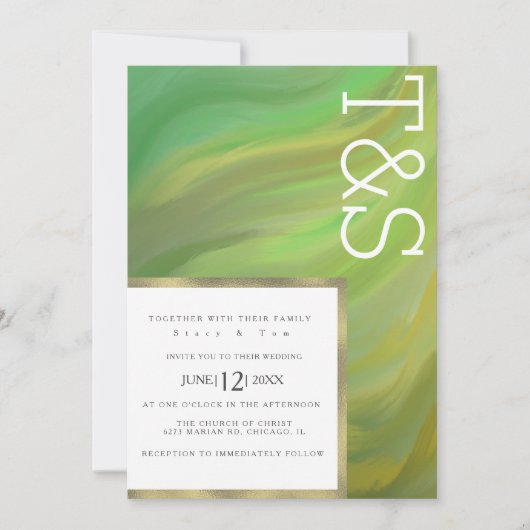 Invitation Mariage Typographie Forestière Verte Gras en Marbr (Devant)