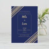 Invitation Mariage typographie géométrique bleu marine or (Debout devant)