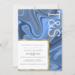 Invitation Mariage Typographie Liquide Marbre Bleu Nuit Or