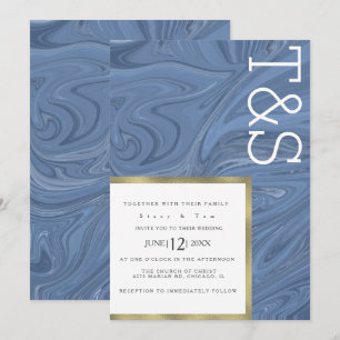 Invitation Mariage Typographie Marbre Liquide Bleu Foncé Or