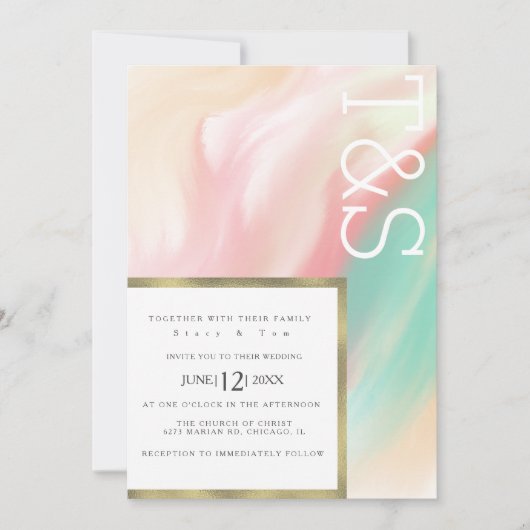 Invitation Mariage Typographie Marbre Rose Sarcelle Pêche Gra (Devant)