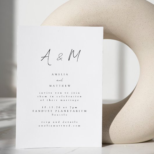 Invitation Mariage Typographie Monogramme Blanc Script Minima
