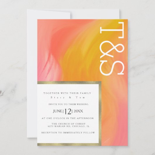 Invitation Mariage Typographie Orange Rose Marbre Or (Devant)