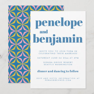 Invitation Mariage Typographie Rétro Motif Bleu Moderne