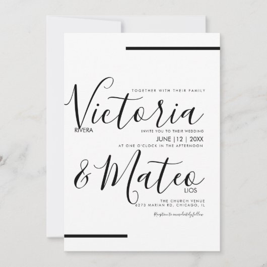 Invitation Mariage Typographie Script Noir Blanc Ligne (Devant)