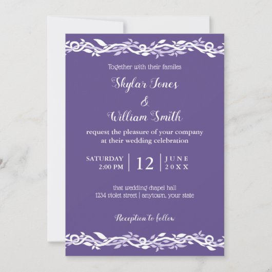 Invitation Mariage Ultra Violet Simple Violet Et Blanc (Devant)
