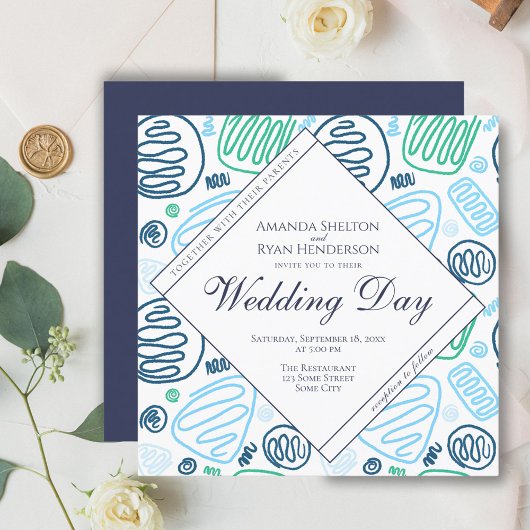 Invitation Mariage unique bleu abstrait à une ligne