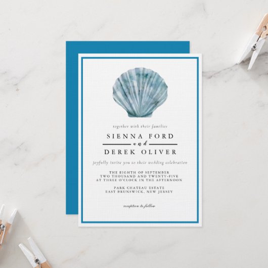 Invitation Mariage Unique Coquillage Bleu Sarcelle Vintage (Devant/Arrière en situation)