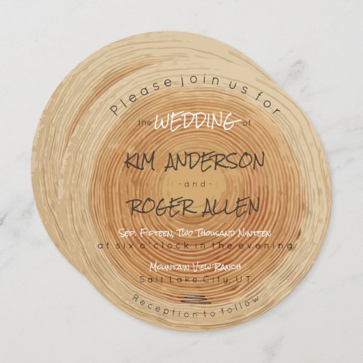Invitation Mariage unique de la tranche de tronc de bois rust (Devant / Derrière)