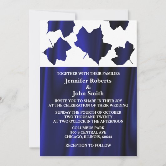 Invitation Mariage unique en blanc Satin Bleu profond (Devant)