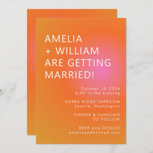 Invitation Mariage unique Retro orange rose gras dégradé (Devant / Derrière)