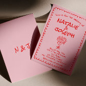 Invitation Mariage Unique Rétro Rose Rouge Dessiné à la Main