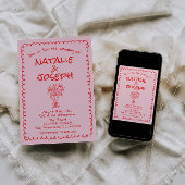 Invitation Mariage Unique Rétro Rose Rouge Dessiné à la Main