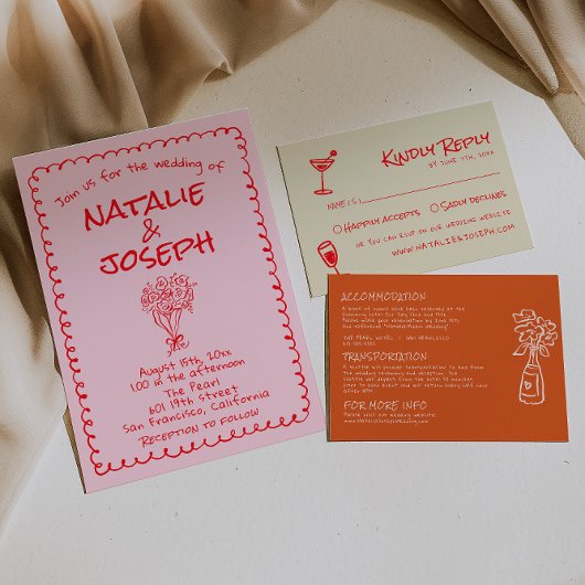 Invitation Mariage Unique Rétro Rose Rouge Dessiné à la Main