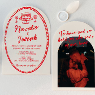 Invitation Mariage Unique Rouge Dessiné à la Main Rétro Arqué