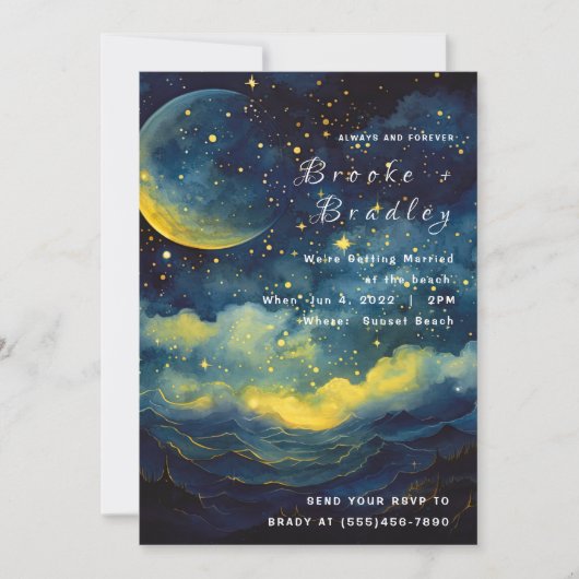 Invitation Mariage Vagues Célestes au Clair de Lune (Devant)